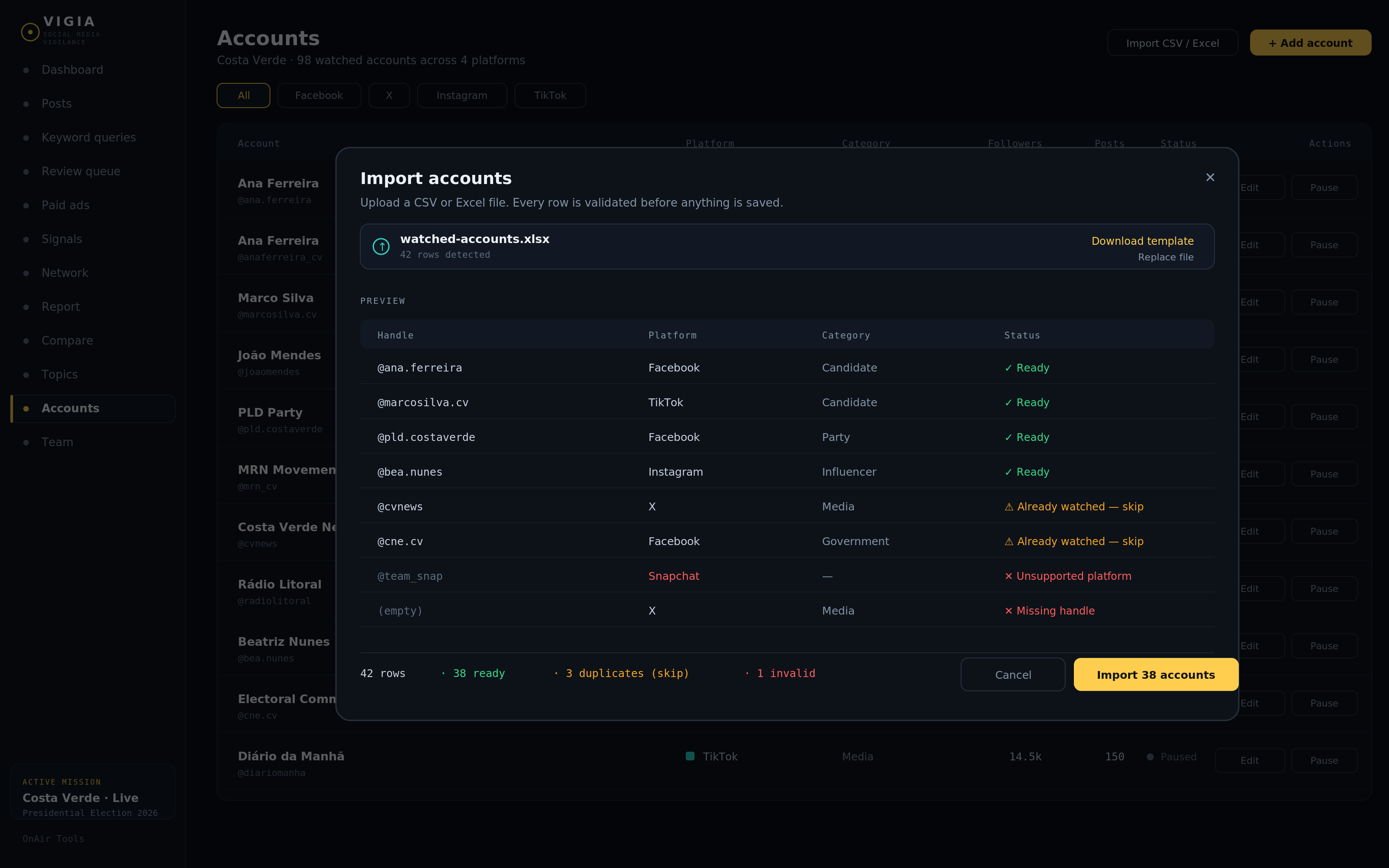 Vigia bulk account import with validation